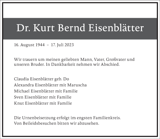 Traueranzeige von Kurt Bernd Eisenblätter von Frankfurter Allgemeine Zeitung