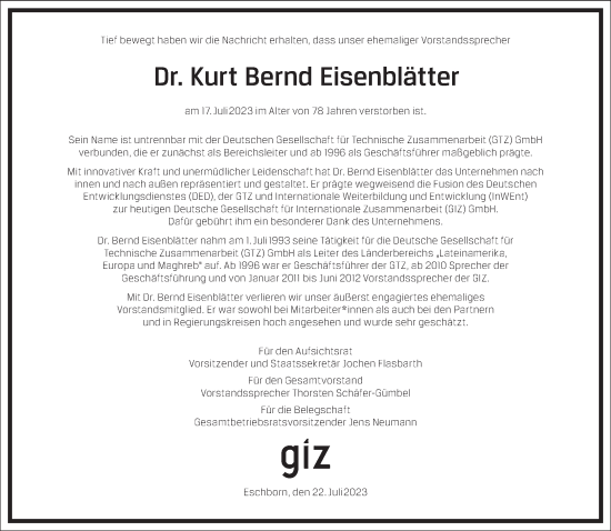 Traueranzeige von Kurt Bernd Eisenblätter von Frankfurter Allgemeine Zeitung