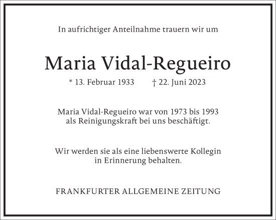 Traueranzeige von Maria Vidal-Regueiro von Frankfurter Allgemeine Zeitung