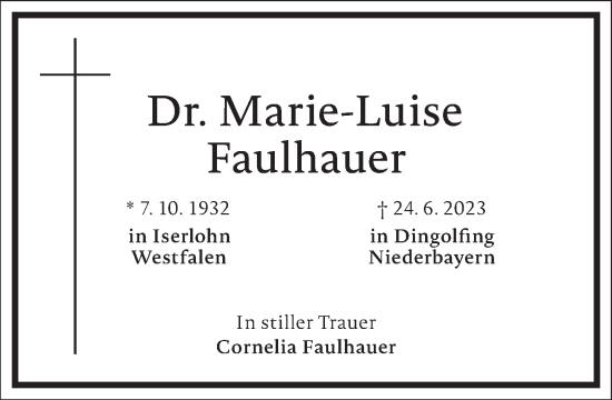 Traueranzeige von Marie-Luise Faulhauer von Frankfurter Allgemeine Zeitung