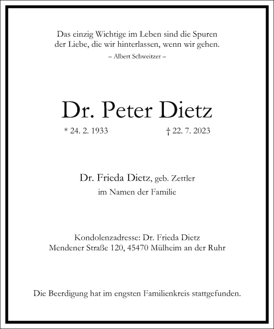Traueranzeige von Peter Dietz von Frankfurter Allgemeine Zeitung