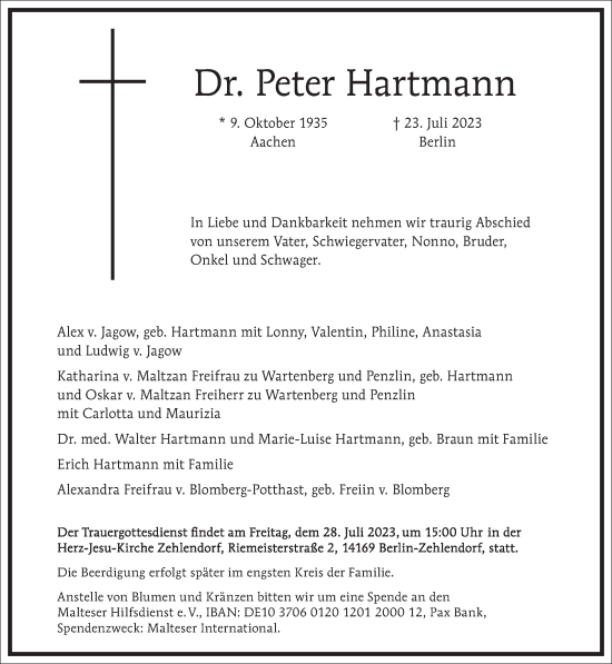 Traueranzeige von Peter Hartmann von Frankfurter Allgemeine Zeitung