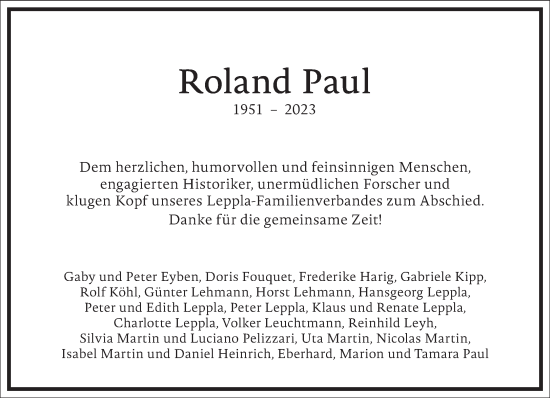 Traueranzeige von Roland Paul von Frankfurter Allgemeine Zeitung