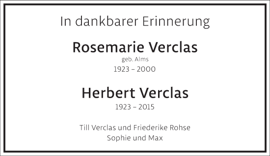 Traueranzeige von Rosemarie Verclas von Frankfurter Allgemeine Zeitung