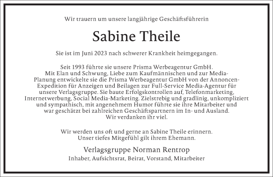 Traueranzeige von Sabine Theile von Frankfurter Allgemeine Zeitung