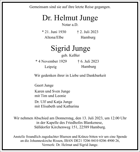 Traueranzeige von Sigrid Junge von Frankfurter Allgemeine Zeitung