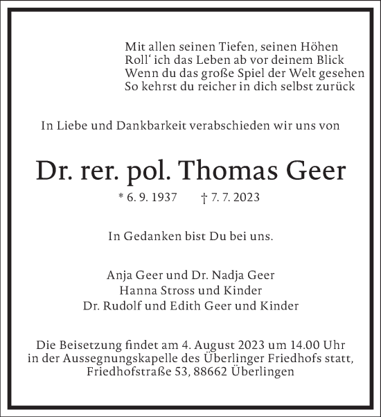 Traueranzeige von Thomas Geer von Frankfurter Allgemeine Zeitung