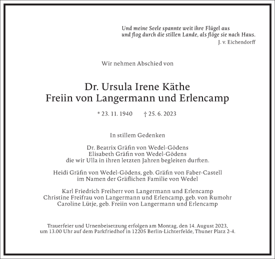 Traueranzeige von Ursula Irene Käthe Freiin von Langermann und Erlencamp von Frankfurter Allgemeine Zeitung