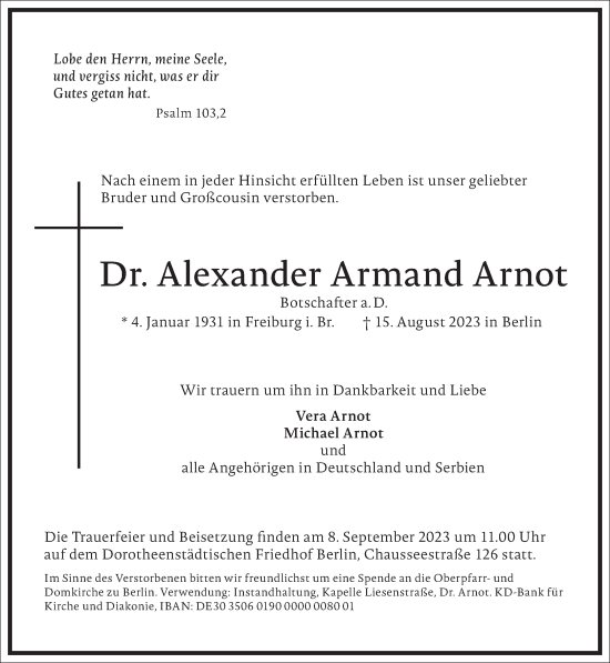 Traueranzeige von Alexander Armand Arnot von Frankfurter Allgemeine Zeitung