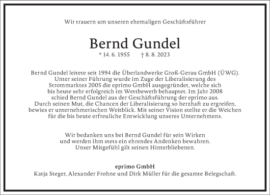 Traueranzeige von Bernd Gundel von Frankfurter Allgemeine Zeitung