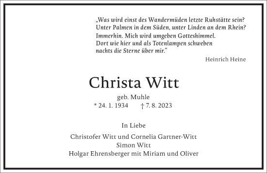 Traueranzeige von Christa Witt von Frankfurter Allgemeine Zeitung