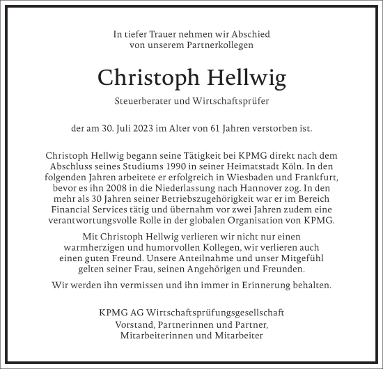 Traueranzeige von Christoph Hellwig von Frankfurter Allgemeine Zeitung