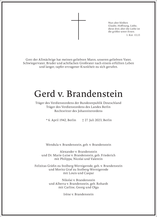 Traueranzeige von Gerd v. Brandenstein von Frankfurter Allgemeine Zeitung