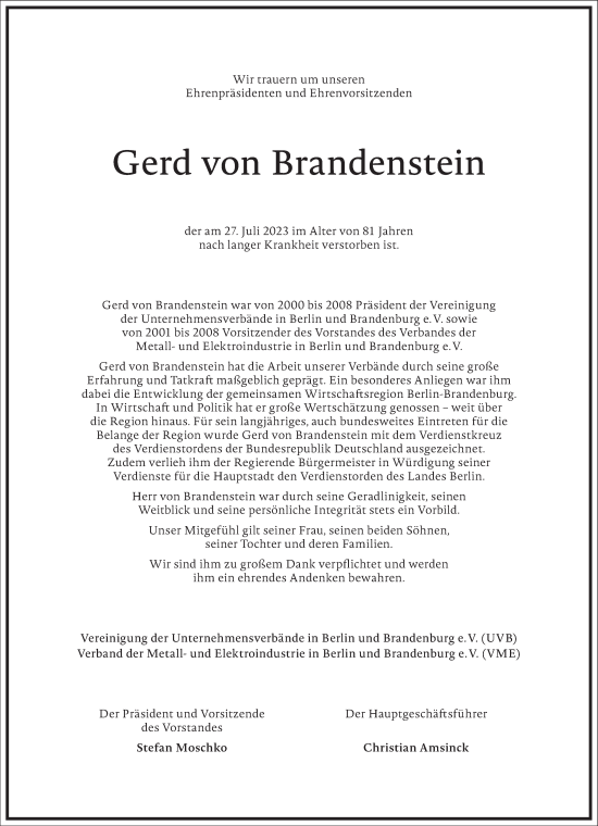 Traueranzeige von Gerd von Brandenstein von Frankfurter Allgemeine Zeitung