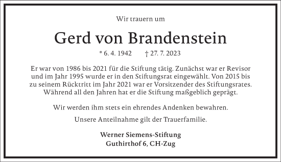 Traueranzeige von Gerd von Brandenstein von Frankfurter Allgemeine Zeitung