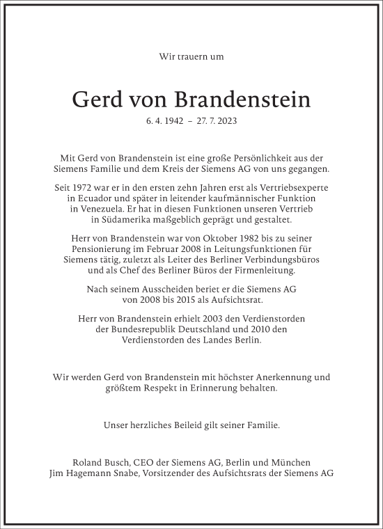 Traueranzeige von Gerd von Brandenstein von Frankfurter Allgemeine Zeitung