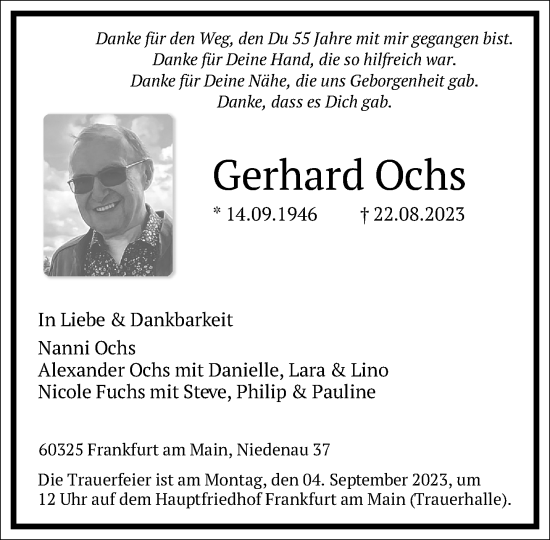 Traueranzeige von Gerhard Ochs von Frankfurter Allgemeine Zeitung