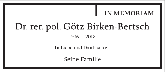 Traueranzeige von Götz Birken-Bertsch von Frankfurter Allgemeine Zeitung