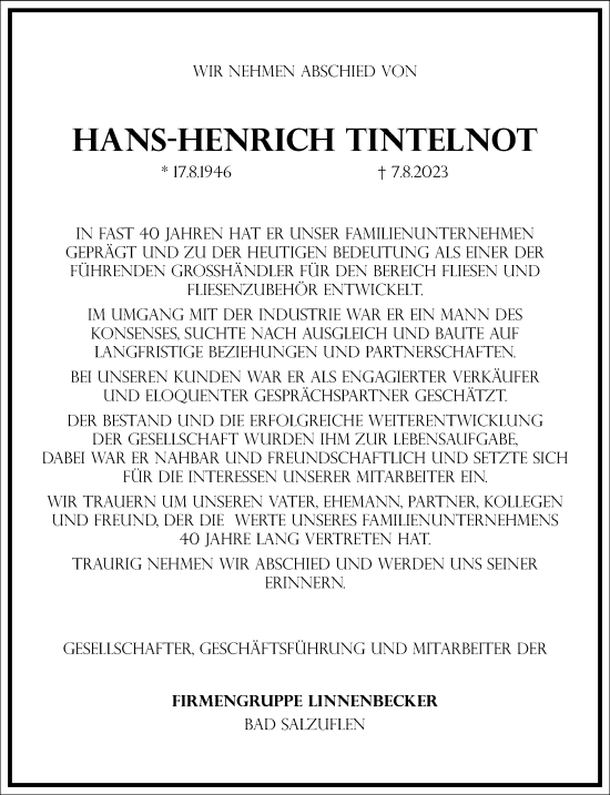 Traueranzeige von Hans-Henrich Tintelnot von Frankfurter Allgemeine Zeitung