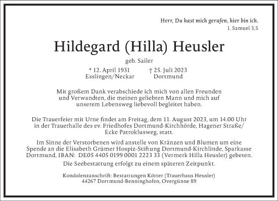 Traueranzeige von Hildegard Heusler von Frankfurter Allgemeine Zeitung