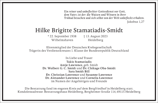 Traueranzeige von Hilke Brigitte Stamatiadis-Smidt von Frankfurter Allgemeine Zeitung