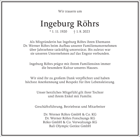 Traueranzeige von Ingeborg  Röhrs von Frankfurter Allgemeine Zeitung