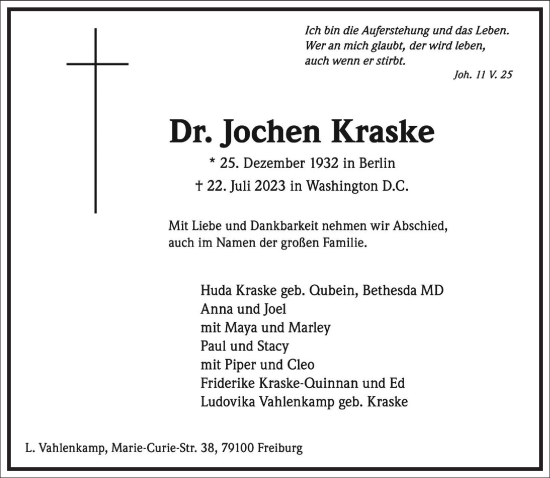 Traueranzeige von Jochen Kraske von Frankfurter Allgemeine Zeitung