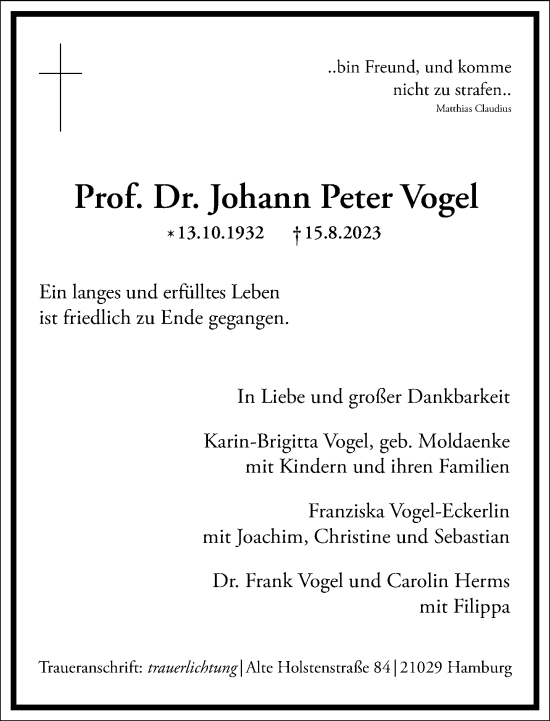 Traueranzeige von Johann Peter Vogel von Frankfurter Allgemeine Zeitung