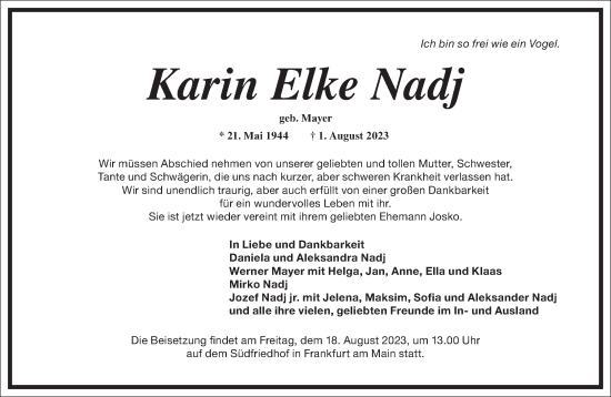 Traueranzeige von Karin Elke Nadj von Frankfurter Allgemeine Zeitung