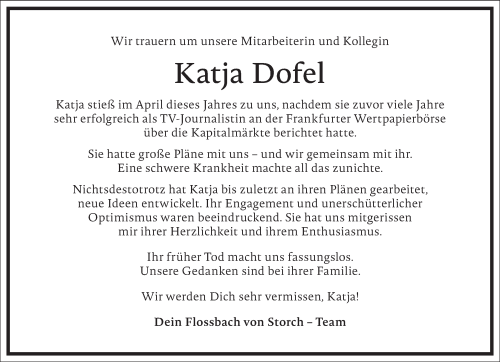  Traueranzeige für Katja Dofel vom 12.08.2023 aus Frankfurter Allgemeine Zeitung
