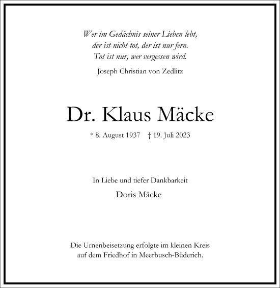 Traueranzeige von Klaus Mäcke von Frankfurter Allgemeine Zeitung
