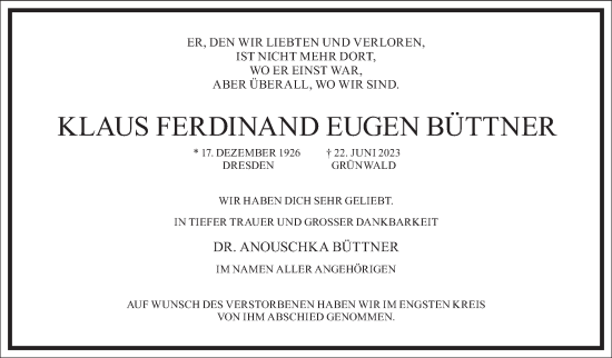 Traueranzeige von Klaus Ferdinand Eugen Büttner von Frankfurter Allgemeine Zeitung