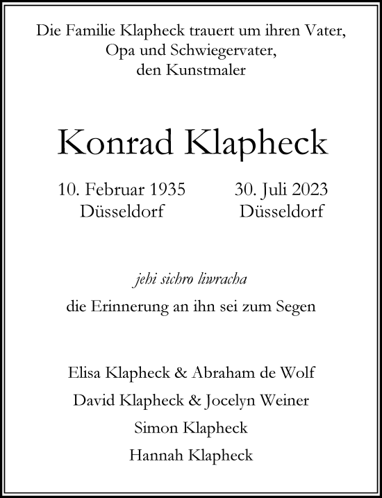 Traueranzeige von Konrad Klapheck von Frankfurter Allgemeine Zeitung