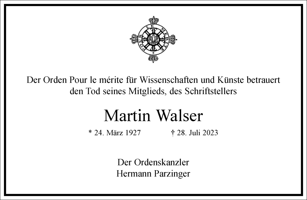  Traueranzeige für Martin Walser vom 05.08.2023 aus Frankfurter Allgemeine Zeitung
