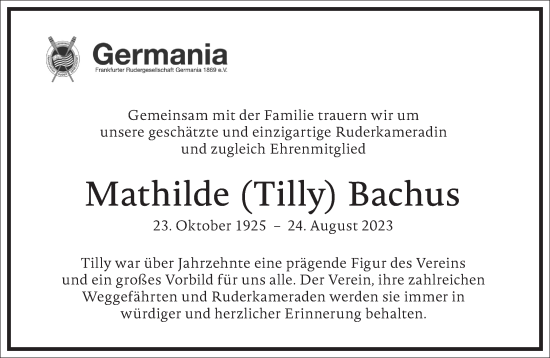 Traueranzeige von Mathilde Bachus von Frankfurter Allgemeine Zeitung