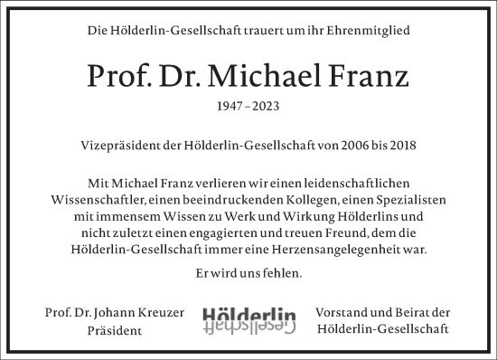 Traueranzeige von Michael Franz von Frankfurter Allgemeine Zeitung
