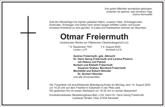 Traueranzeige von Otmar Freiermuth von Frankfurter Allgemeine Zeitung