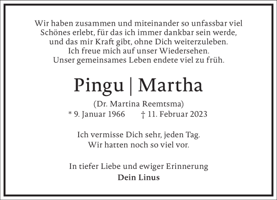 Traueranzeige von Pingu Martha von Frankfurter Allgemeine Zeitung