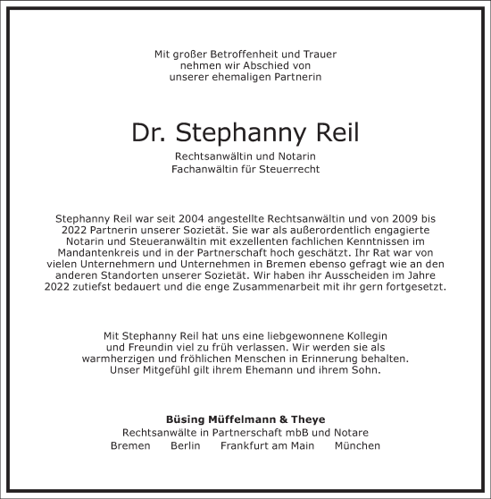 Traueranzeige von Stephanny Reil von Frankfurter Allgemeine Zeitung