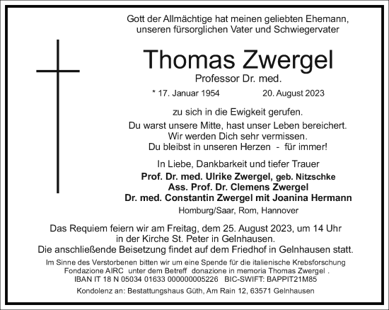 Traueranzeige von Thomas Zwergel von Frankfurter Allgemeine Zeitung