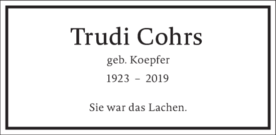 Traueranzeige von Trudi Cohrs von Frankfurter Allgemeine Zeitung