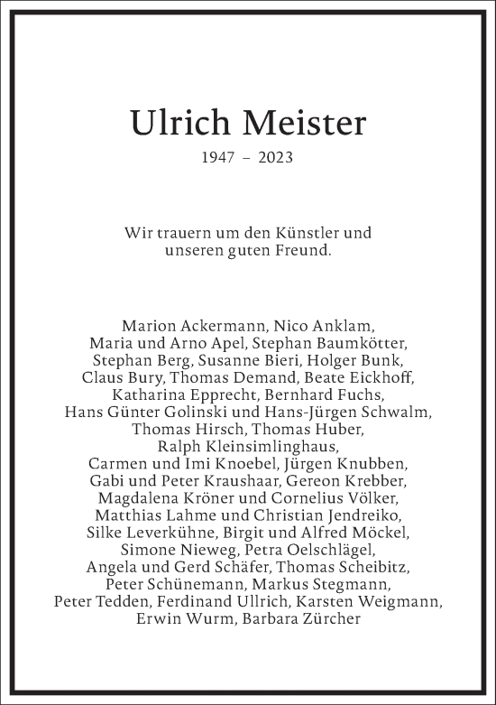 Traueranzeige von Ulrich Meister von Frankfurter Allgemeine Zeitung