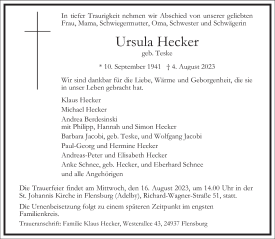 Traueranzeige von Ursula Hecker von Frankfurter Allgemeine Zeitung