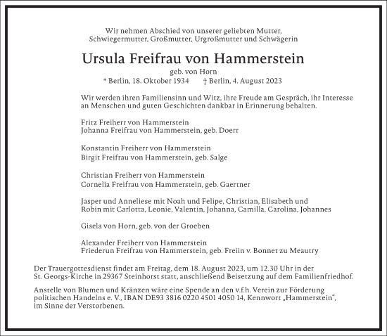 Traueranzeige von Ursula von Hammerstein von Frankfurter Allgemeine Zeitung