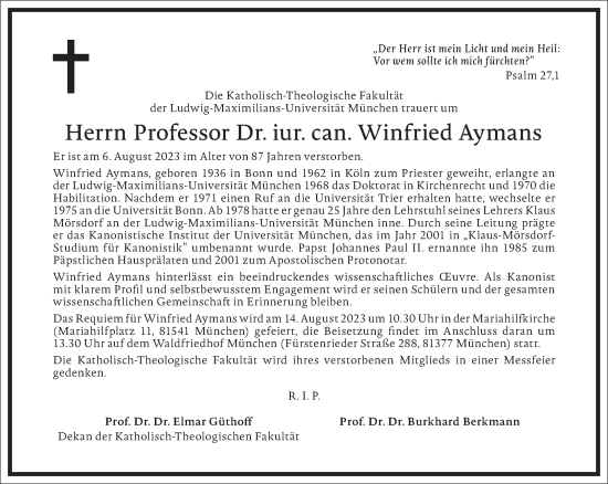 Traueranzeige von Winfried Aymans von Frankfurter Allgemeine Zeitung