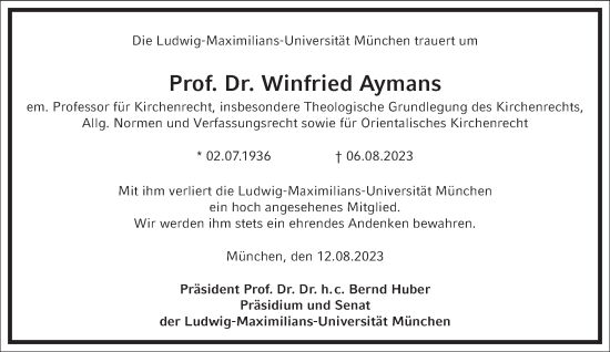 Traueranzeige von Winfried Aymans von Frankfurter Allgemeine Zeitung