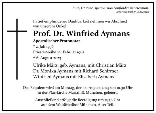 Traueranzeige von Winfried Aymans von Frankfurter Allgemeine Zeitung