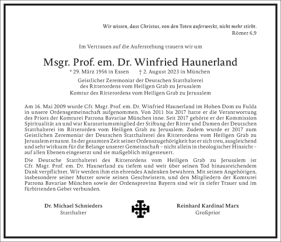 Traueranzeige von Winfried Haunerland von Frankfurter Allgemeine Zeitung