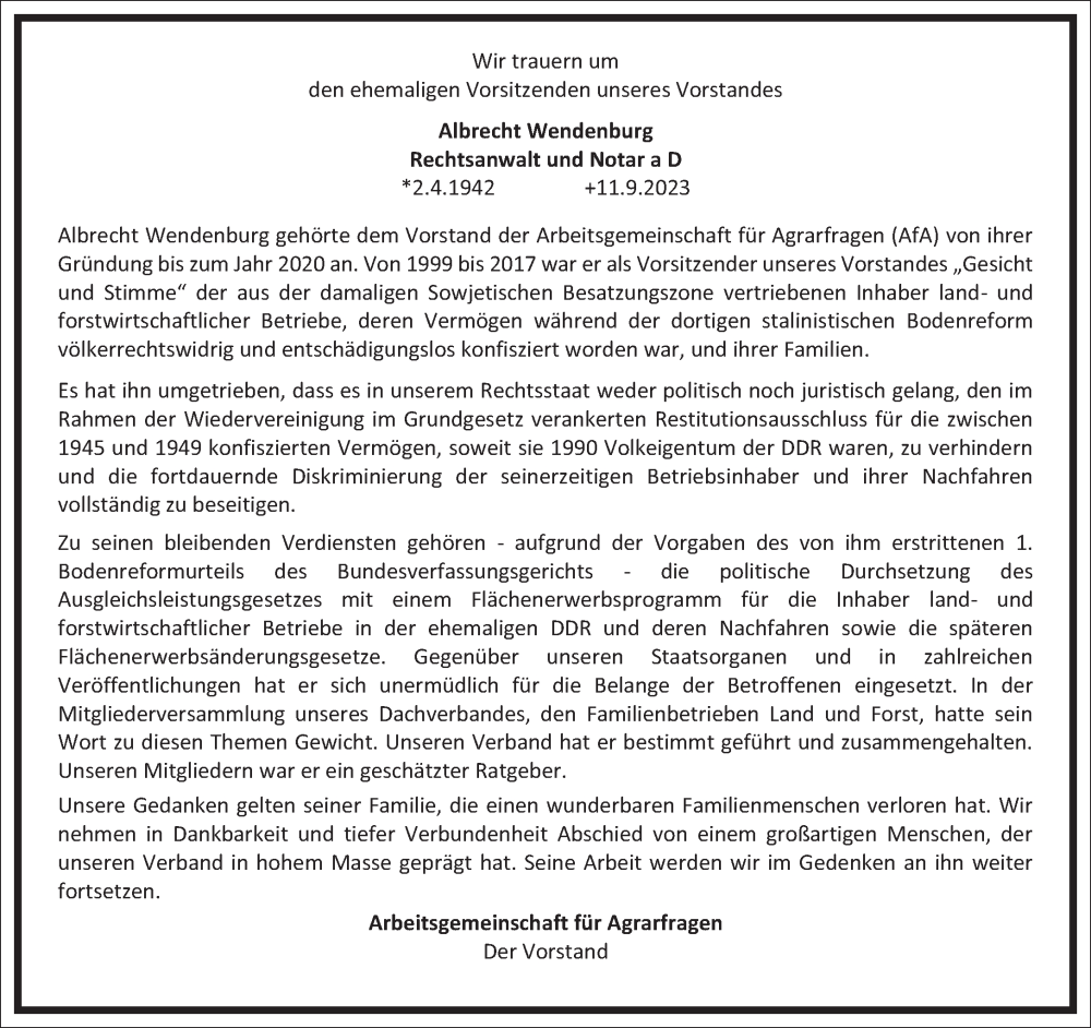  Traueranzeige für Albrecht Wendenburg vom 23.09.2023 aus Frankfurter Allgemeine Zeitung