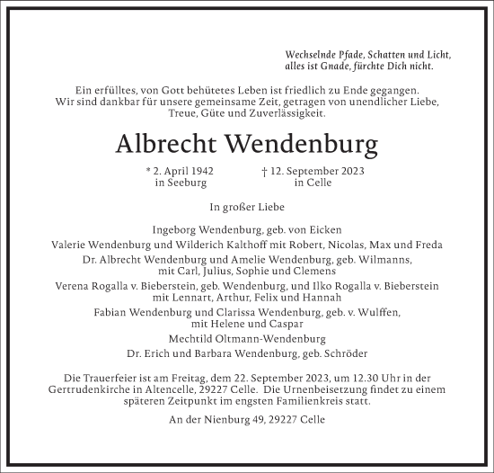 Traueranzeige von Albrecht Wendenburg von Frankfurter Allgemeine Zeitung